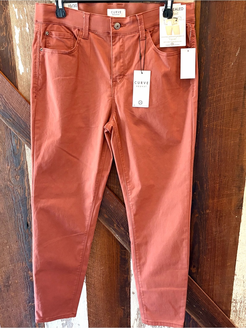 Curve Appeal Women's High-Rise Concealed Comfort Skinny Pants in Rust Size 10
